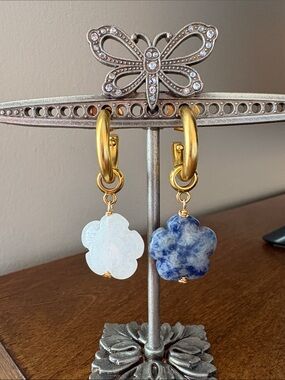 Brinker + Eliza Gold Hoop Earrings with White and Blue Flower Drops